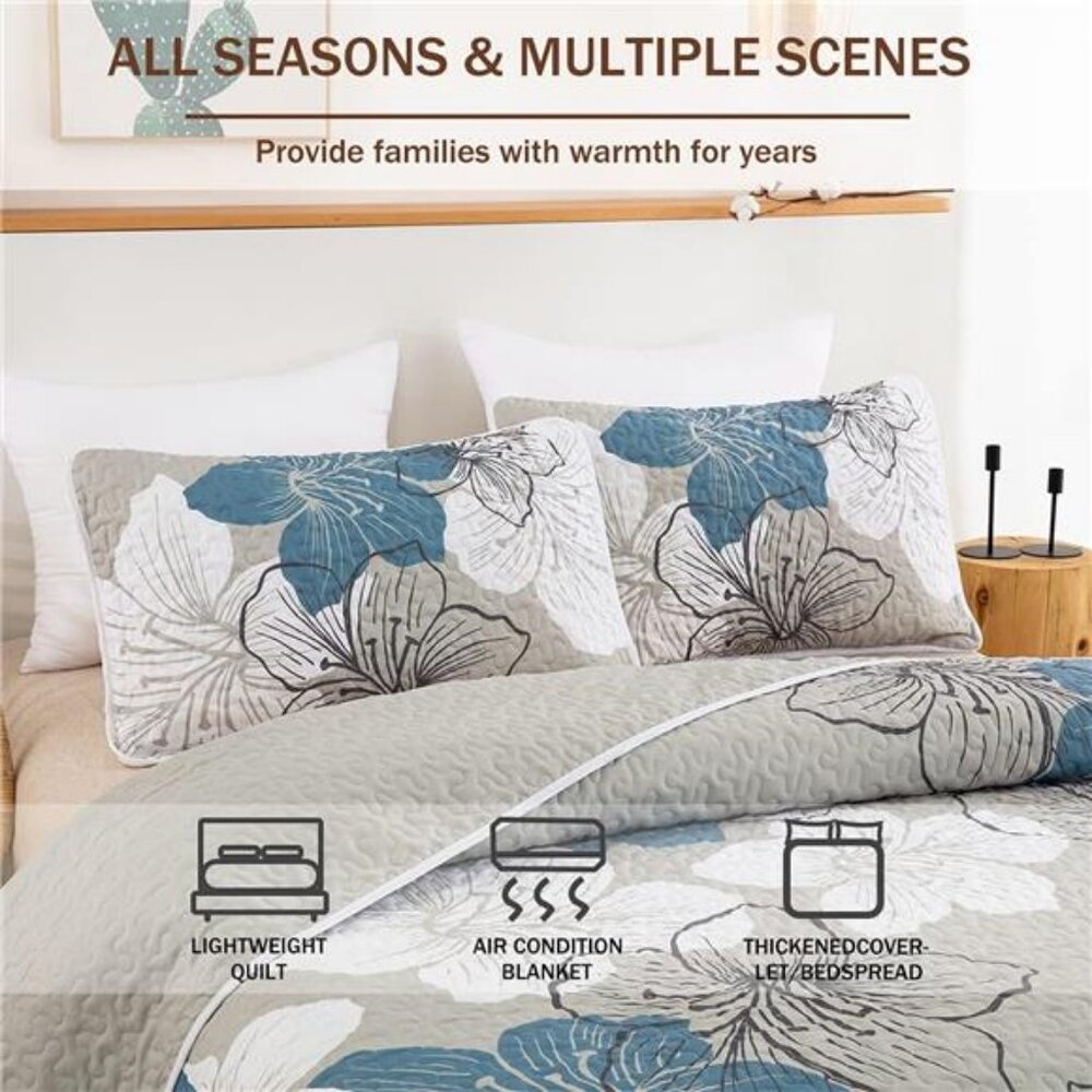 3 Pieces Quilt Set California King Blue Floral Pattern Quilt Coverlet - Picture 3 of 8